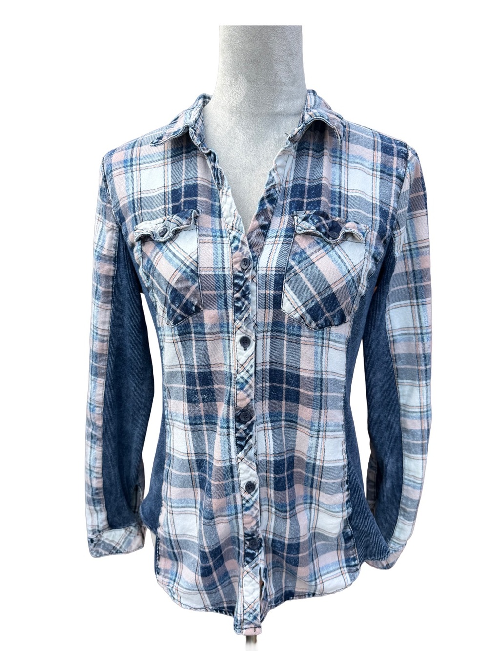 Ci Sono Plaid Flannel Button Down Shirt Denim Contrast Grunge Western Size M